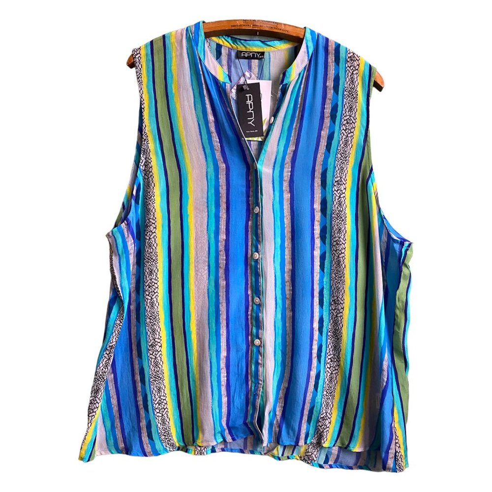 APNY Sleeveless Striped Button-Front Blouse in Blue Multi